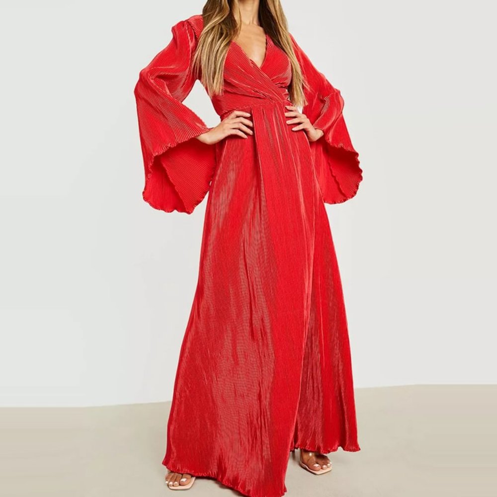 Flare Sleeve Faux Wrap Kimono Style Plisse Pleated Maxi Dress